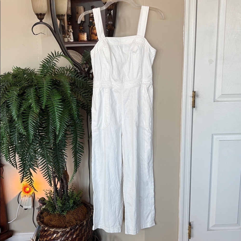 Japna Jumpsuit Cropped Romper Smocked Back Utility Square Neck Off White Overall